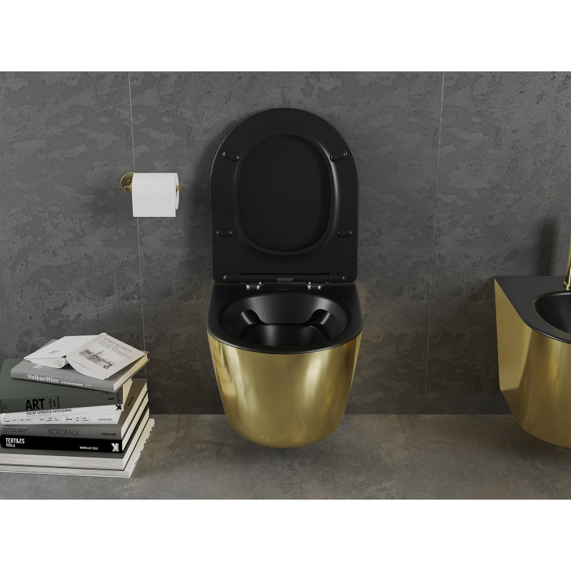 Mexen Lena WC misa Rimless s pomaly zatvárajúcim sedadlom slim, duroplast, čierna matná/zlatá - 30224076