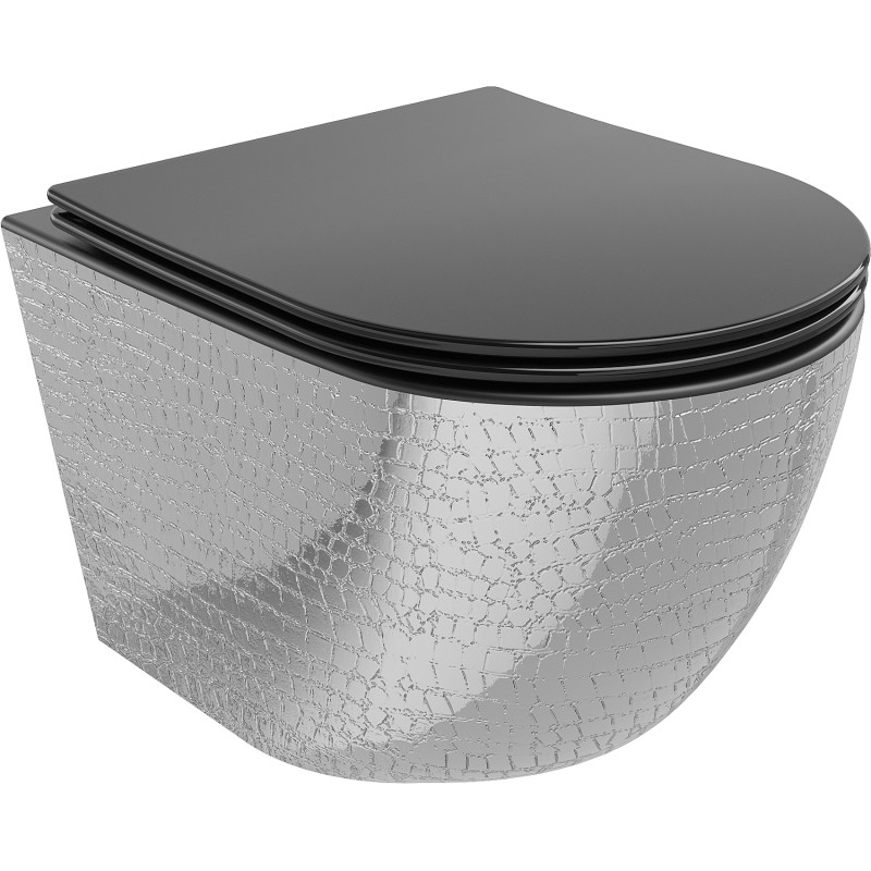 Mexen Lena WC misa Rimless s pomaly uzatváracou doskou slim, duroplast, čierna matná/strieborný vzor šupiny - 30224072