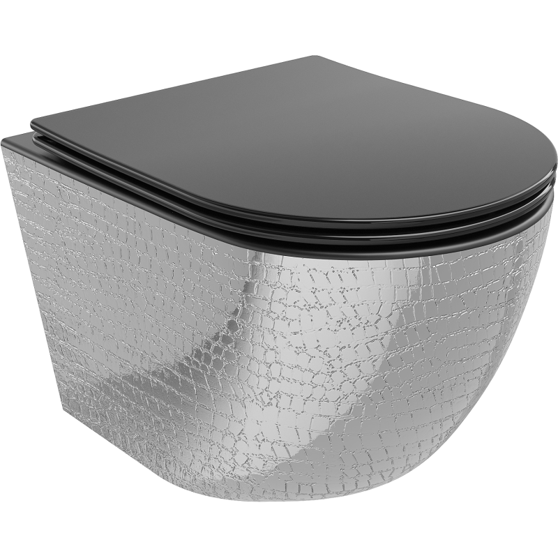Mexen Lena WC miska Rimless s pomaly zatvárajúcou sa doskou slim, duroplast, čierna matná/strieborný vzor šupiny - 30224072