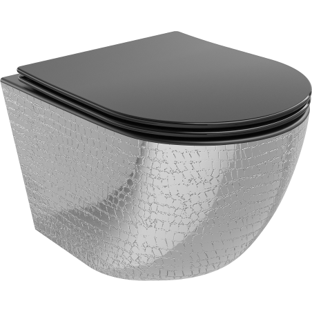 Mexen Lena WC miska Rimless s pomaly zatvárajúcou sa doskou slim, duroplast, čierna matná/strieborný vzor šupiny - 30224072