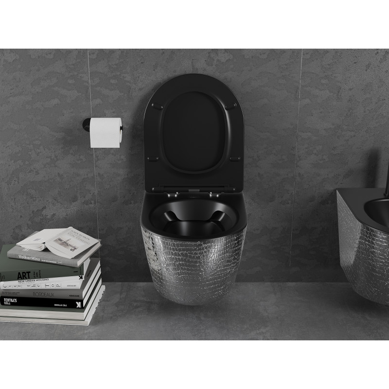 Mexen Lena miska wc Rimless s pomaly klesajúcou doskou slim, duroplast, čierna matná/strieborný vzor šupiny - 30224072
