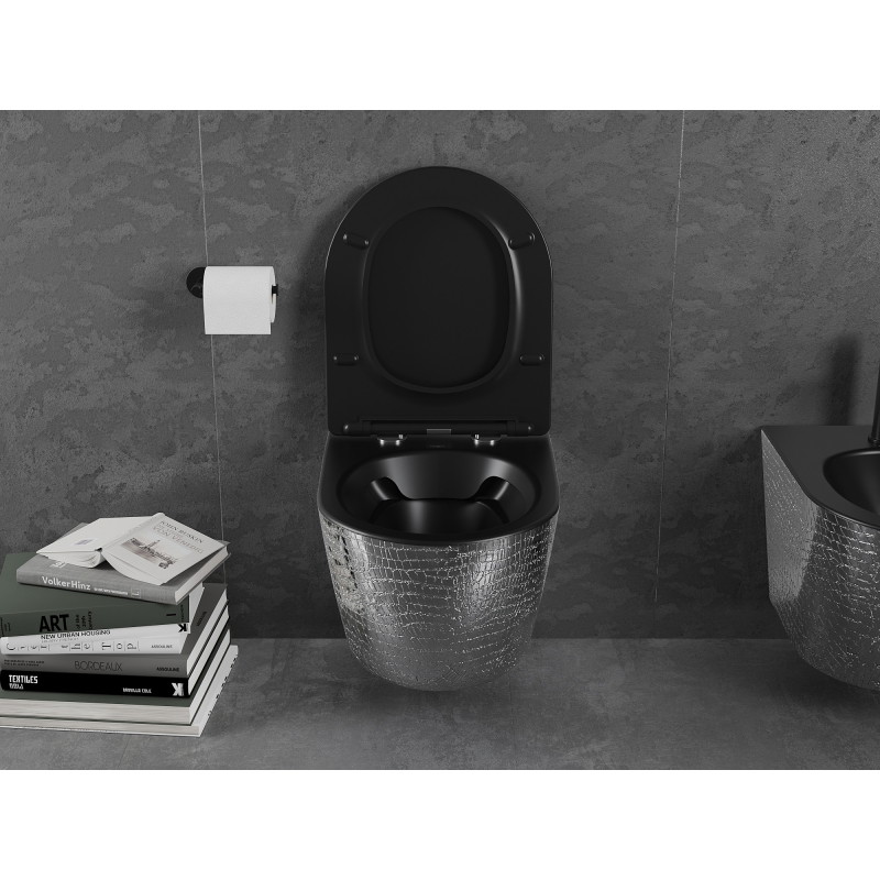 Mexen Lena WC misa Rimless s pomaly uzatváracou doskou slim, duroplast, čierna matná/strieborný vzor šupiny - 30224072