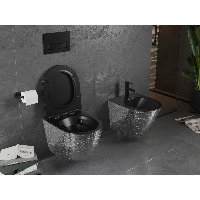 Mexen Lena miska wc Rimless s pomaly klesajúcou doskou slim, duroplast, čierna matná/strieborný vzor šupiny - 30224072