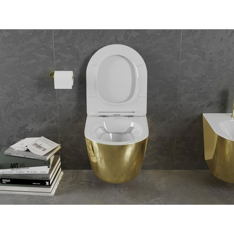 Mexen Lena WC misa Rimless s doskou s pomalým zatváraním slim, duroplast, biela/zlatá - 30224006
