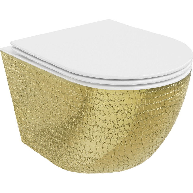 Mexen Lena WC misa Rimless so sedadlom s tichým zatváraním slim, duroplast, biela/zlatý vzor šupiny - 30224008