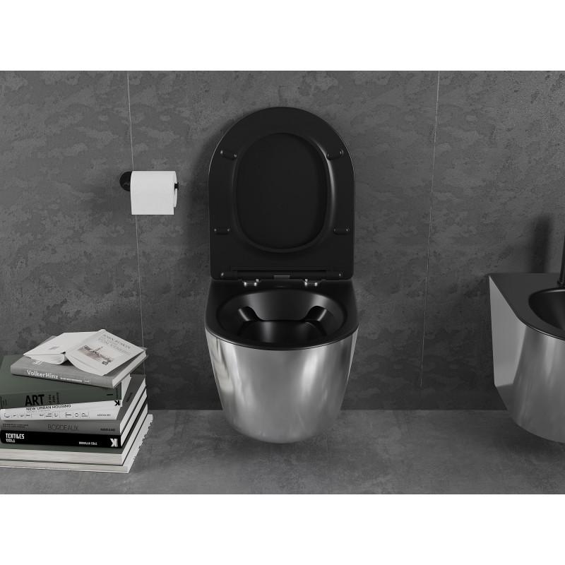 Mexen Lena WC miska Rimless s pomaly zatvárajúcim sa slim sedadlom, duroplast, čierna matná/strieborná - 30224074