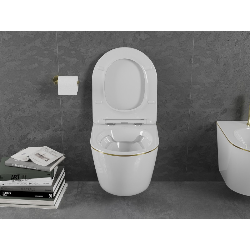 Mexen Lena WC misa Rimless s doskou s pomalým zatváraním slim, duroplast, biela/zlatá línia - 30224005