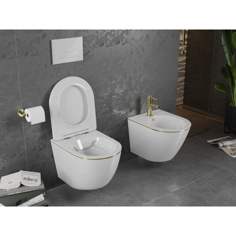 Mexen Lena WC misa Rimless s doskou s pomalým zatváraním slim, duroplast, biela/zlatá línia - 30224005