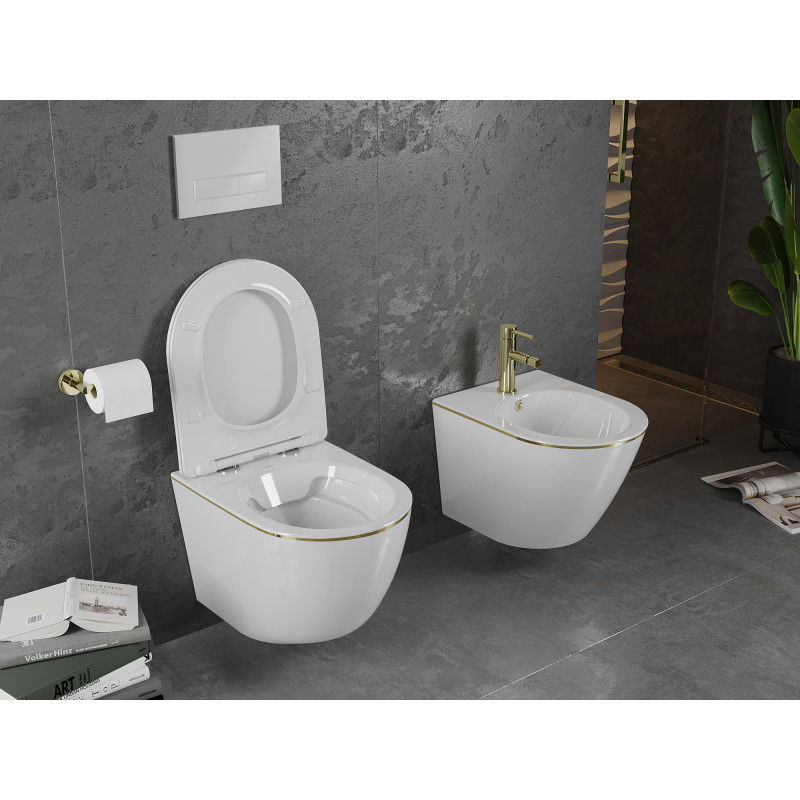 Mexen Lena WC misa Rimless so sedadlom s pomalým zatváraním slim, duroplast, biela/zlatá línia - 30224005
