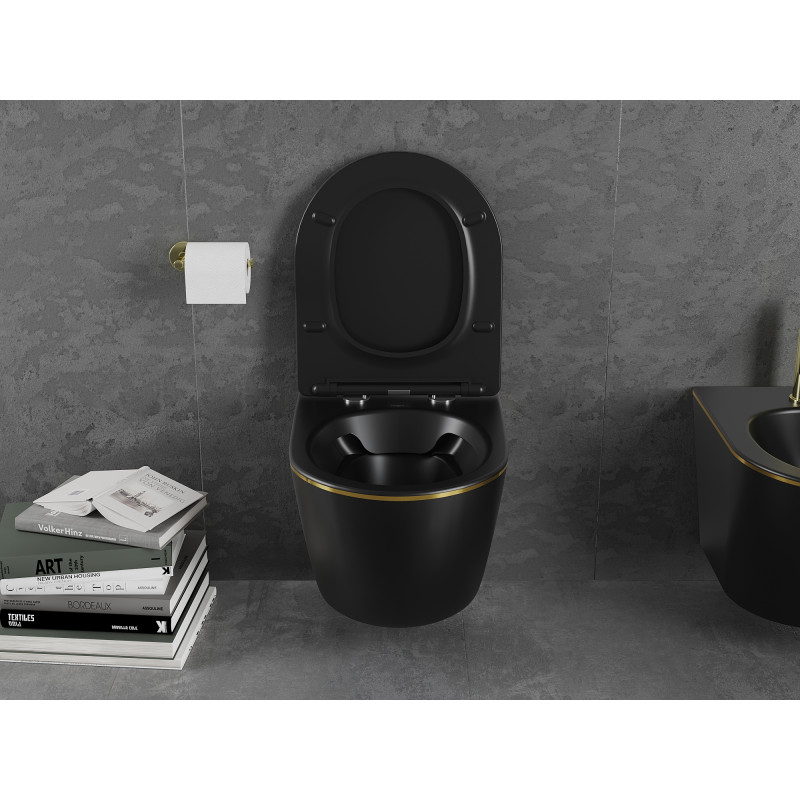 Mexen Lena WC misa bez okraja s pomaly zatvárajúcou slim doskou, duroplast, čierna matná/zlatá línia - 30224075
