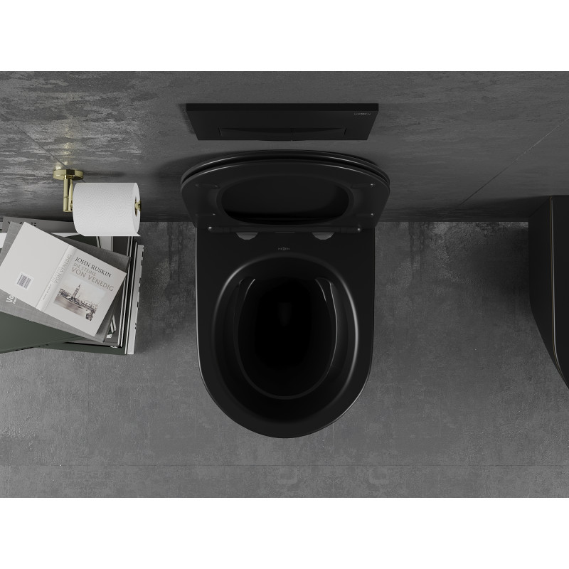 Mexen Lena WC misa bez okraja s pomaly zatvárajúcou slim doskou, duroplast, čierna matná/zlatá línia - 30224075