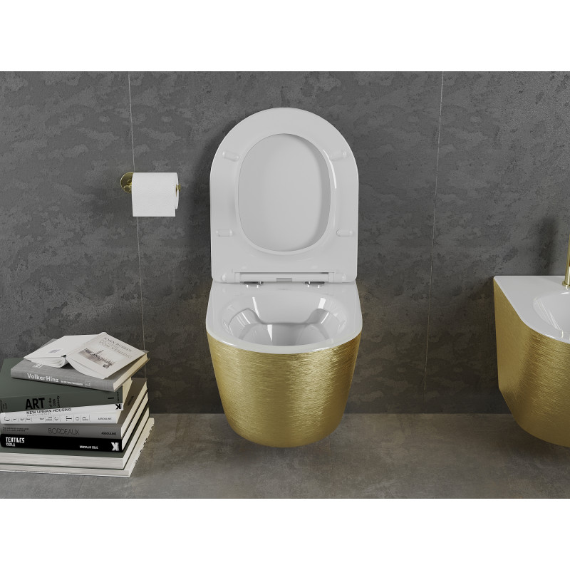 Mexen Lena WC miska Rimless s pomaly sklopnou doskou slim, duroplast, biela/zlatý vzor línie - 30224007