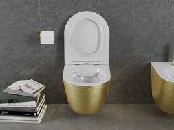 Mexen Lena WC miska Rimless s pomaly sklopnou doskou slim, duroplast, biela/zlatý vzor línie - 30224007