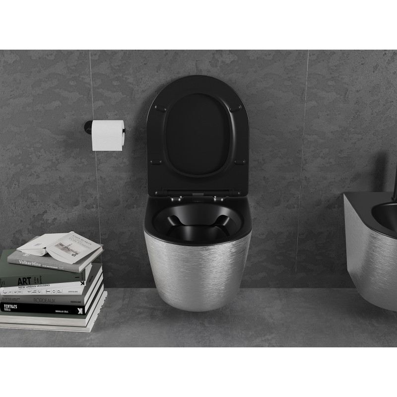 Mexen Lena miska WC Rimless s doskou pomaly uzatvárajúcou Slim, duroplast, čierna matná/strieborný vzor čiary - 30224073