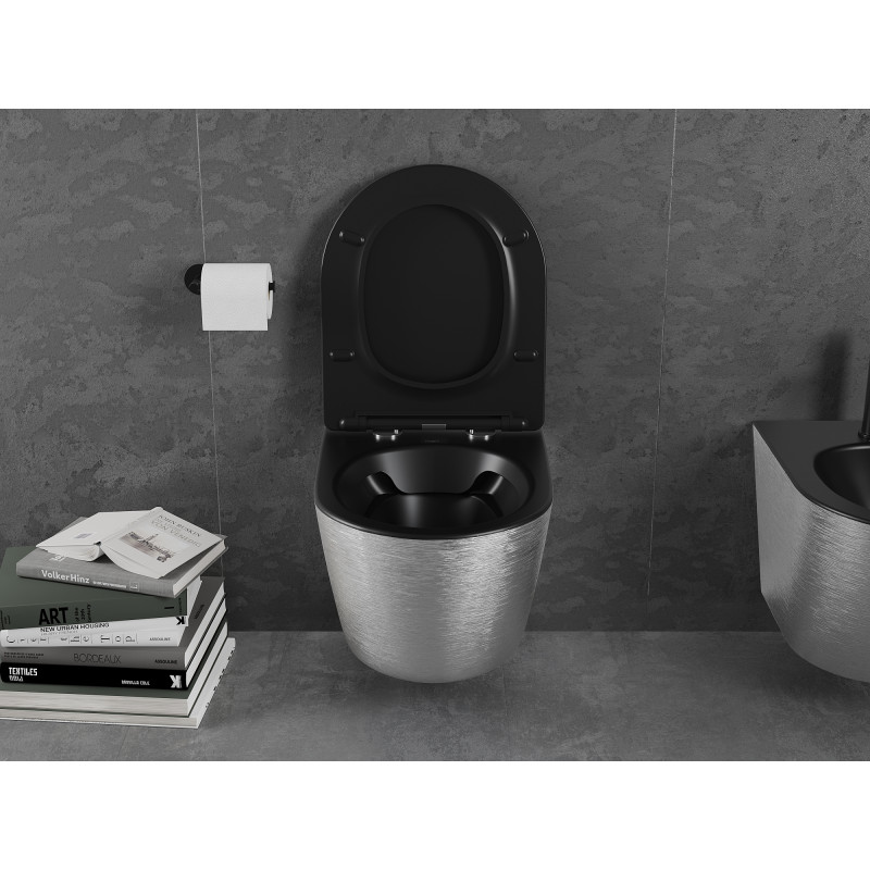 Mexen Lena miska WC Rimless s doskou s pomalým sklápaním slim, duroplast, čierna mat/silver vzor línie - 30224073