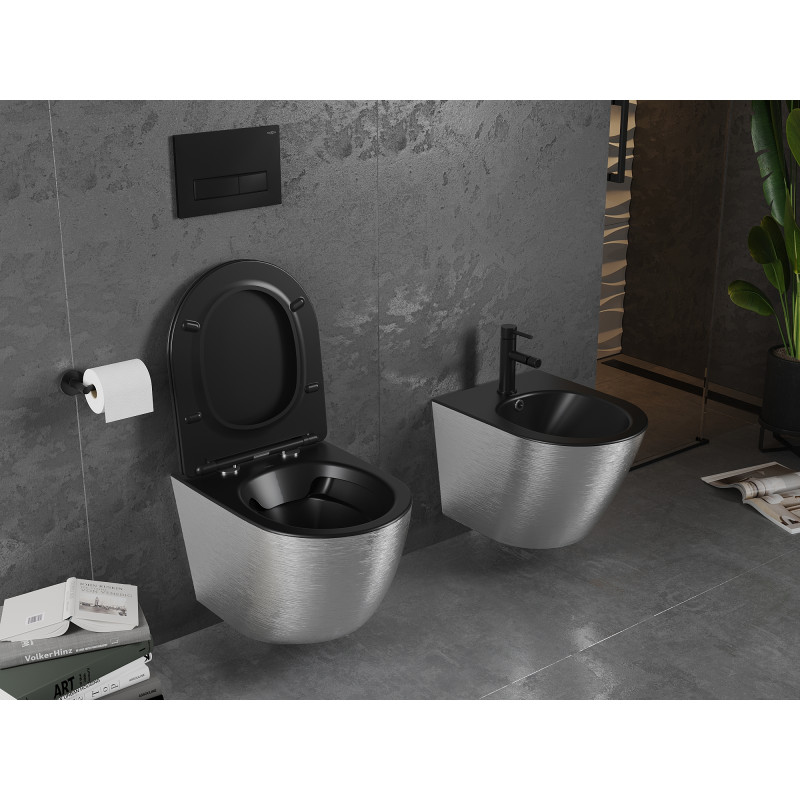 Mexen Lena miska WC Rimless s doskou s pomalým sklápaním slim, duroplast, čierna mat/silver vzor línie - 30224073
