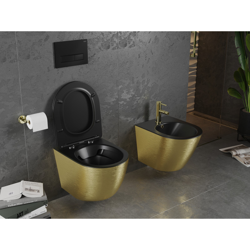 Mexen Lena WC misa Rimless s pomaly padajúcim sedadlom slim, duroplast, čierna matná/zlatý vzor línie - 30224077