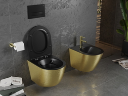 Mexen Lena WC misa Rimless s pomaly padajúcim sedátkom, duroplast, Čierna matná/Zlatá čiarový vzor - 30224077