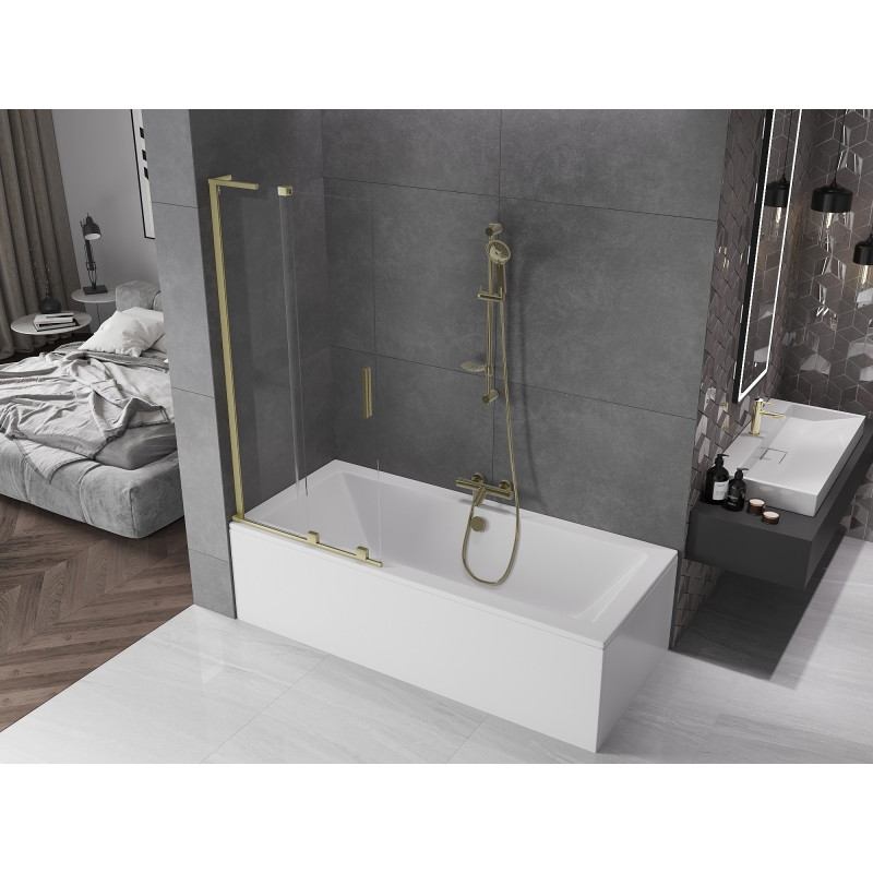 Mexen Velar L dvojkrídlové zasúvacie vaničkové zásteny 85 x 150 cm, priehľadné, zlaté brúsené - 896-085-003-01-55