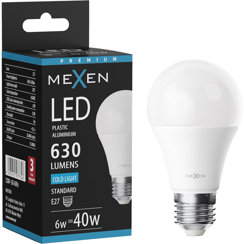 Mexen Nova LED žiarovka E27, A60, 6W, Studená - 6500K, 630 lm - L100-E27-0665-01