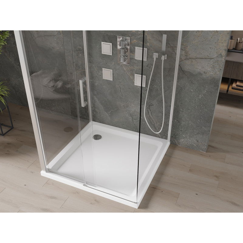 Mexen Omega-3S sprchovací kút 3-stenný, posuvný 100x100 cm, priehľadný, chróm + vanička Flat - 825-100-100-01-00-3s-4010