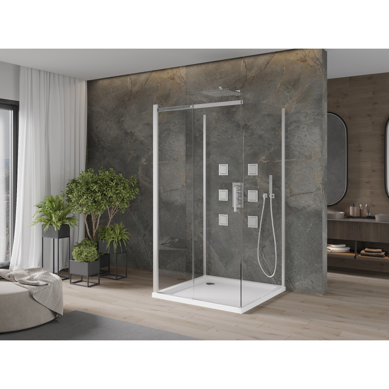 Mexen Omega-3S Sprchový kút 3-stenný, posuvný 100x100 cm, priehľadný, chróm + sprchová vanička Flat