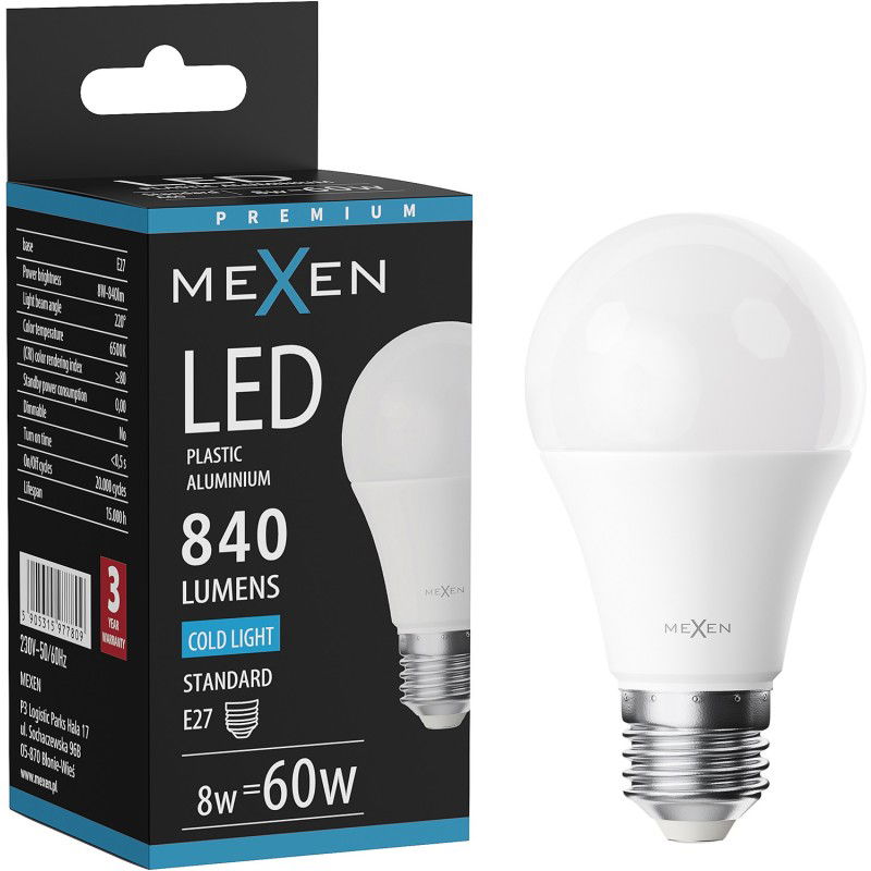 Mexen Nova LED žiarovka E27, A60, 8W, Studená - 6500K, 840 lm - L100-E27-0865-01