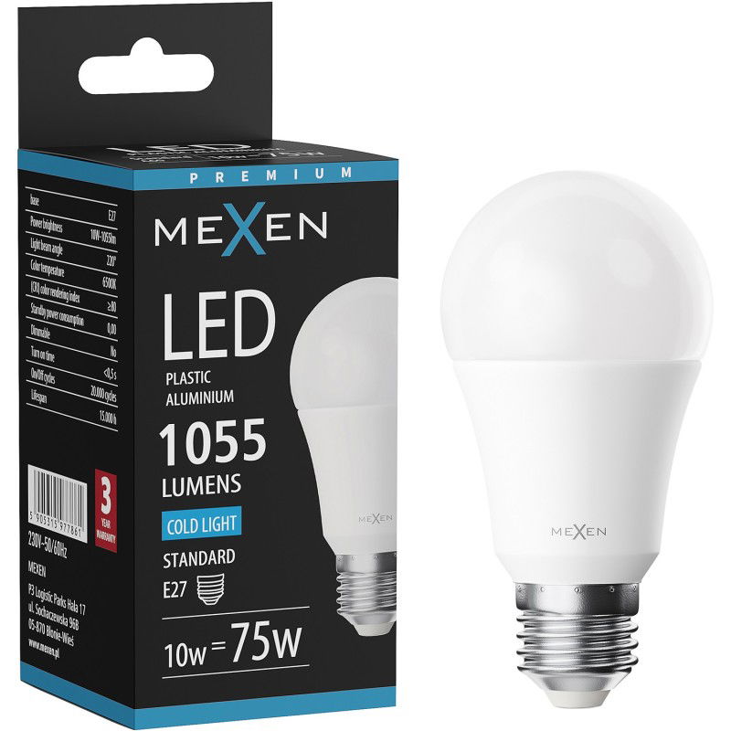 Mexen Nova LED žiarovka E27, A60, 10W, Studená - 6500K, 1055 lm - L100-E27-1065-01