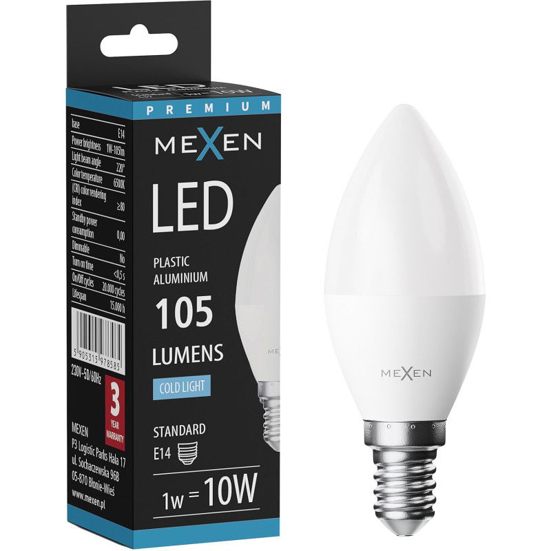 Mexen Nova LED žiarovka E14, C37, 1W, Studená - 6500K, 105 lm - L102-E14-0165-01