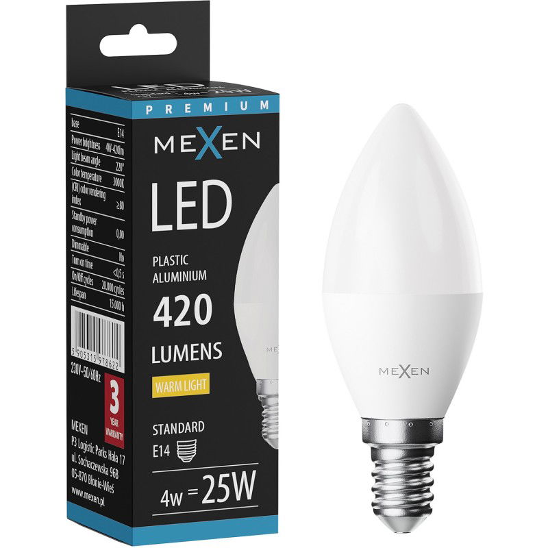 Mexen Nova LED žiarovka E14, C37, 4W, Teplá - 3000K, 420 lm - L102-E14-0430-01
