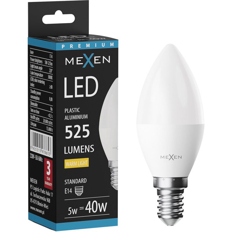 Mexen Nova LED žiarovka E14, C37, 5W, Teplá - 3000K, 525 lm - L102-E14-0530-01
