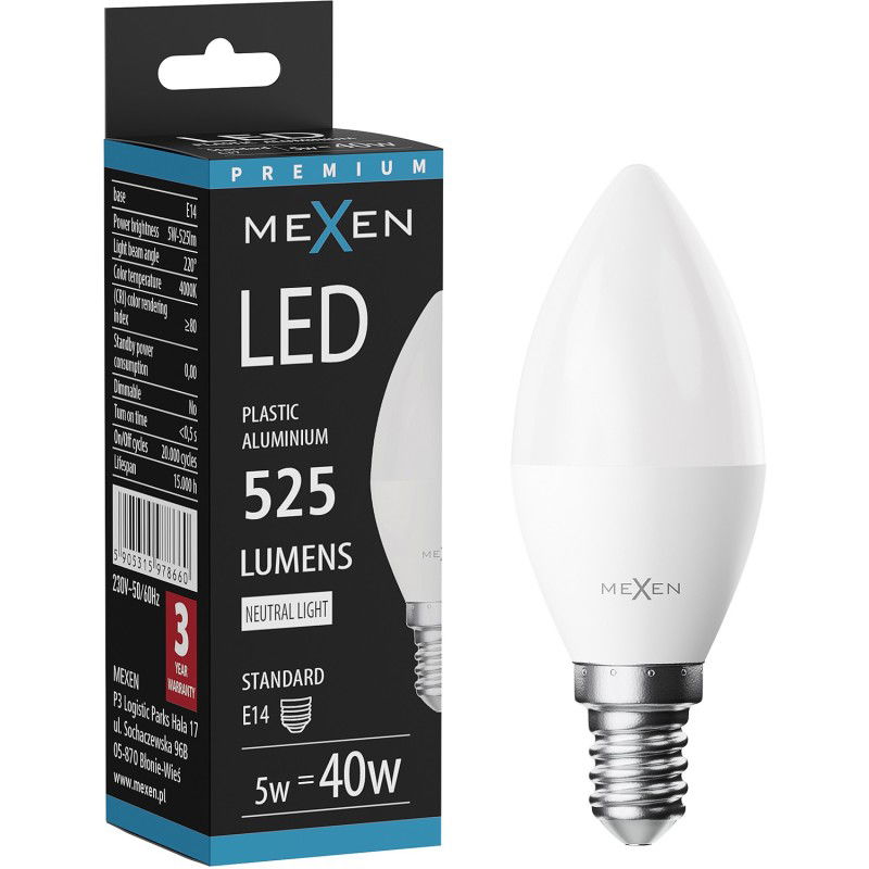 Mexen Nova LED žiarovka E14, C37, 5W, Neutrálna - 4000K, 525 lm - L102-E14-0540-01