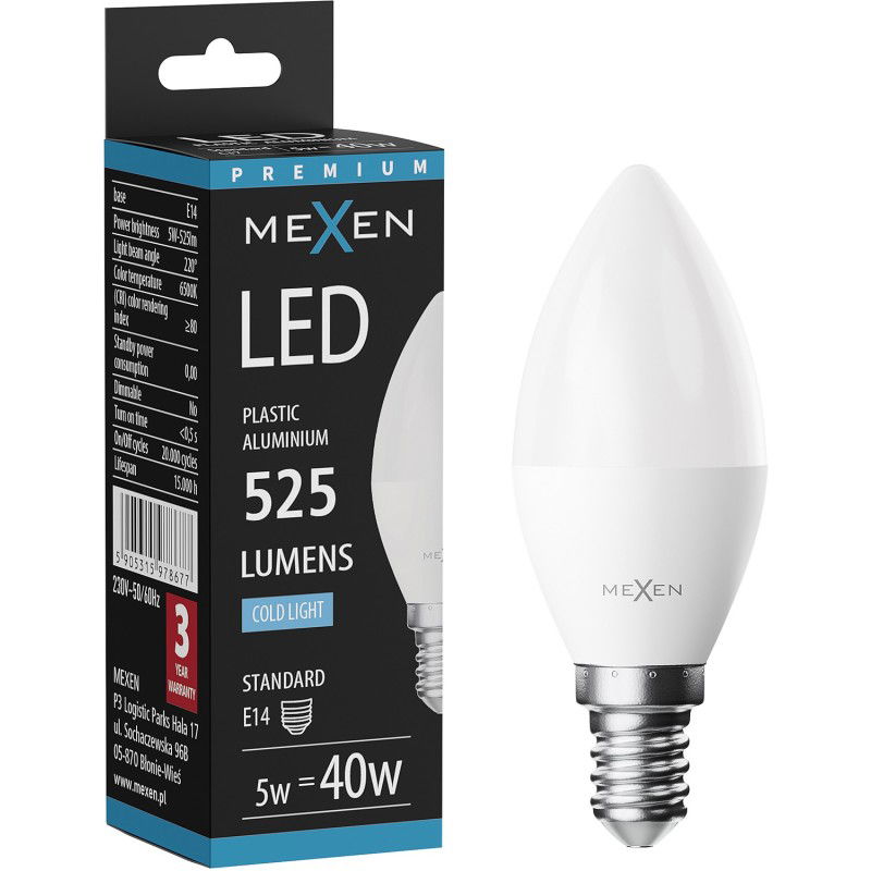 Mexen Nova LED žiarovka E14, C37, 5W, Studená - 6500K, 525 lm - L102-E14-0565-01