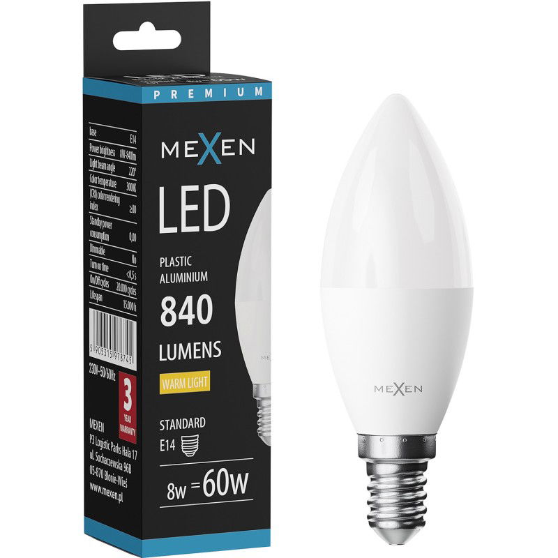 Mexen Nova LED žiarovka E14, C37, 8W, Teplá - 3000K, 840 lm - L102-E14-0830-01
