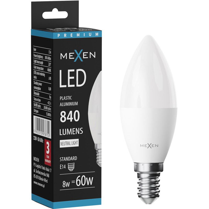Mexen Nova LED žiarovka E14, C37, 8W, Neutrálna - 4000K, 840 lm - L102-E14-0840-01
