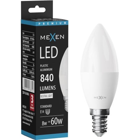 Mexen Nova LED žiarovka E14, C37, 8W, Neutrálna - 4000K, 840 lm - L102-E14-0840-01