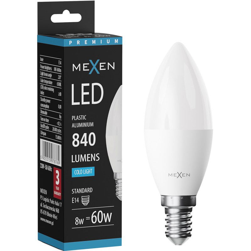 Mexen Nova LED žiarovka E14, C37, 8W, Studená - 6500K, 840 lm - L102-E14-0865-01