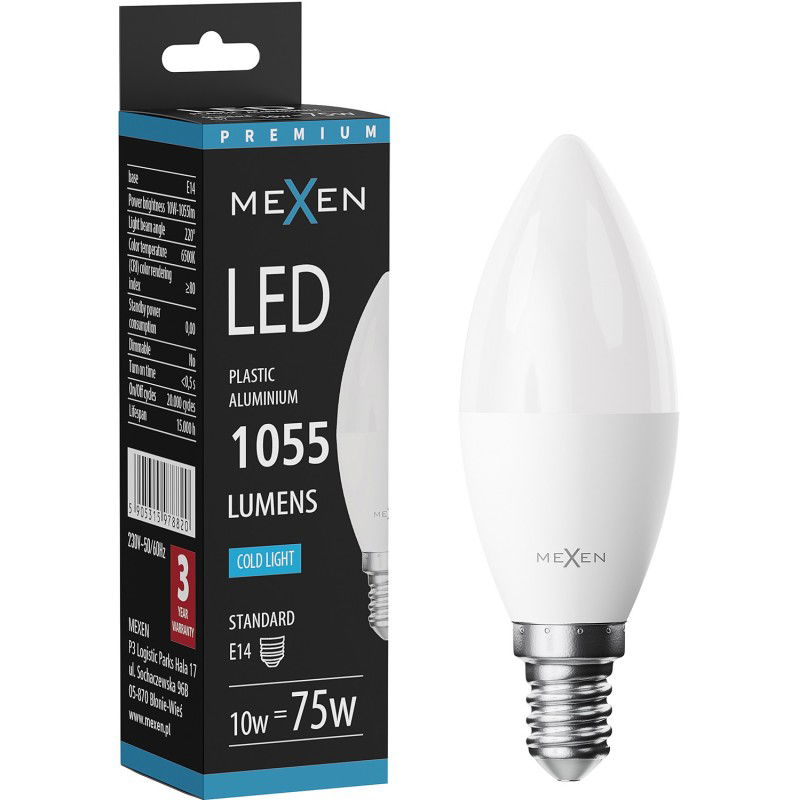 Mexen Nova LED žiarovka E14, C37, 10W, Studená - 6500K, 1055 lm - L102-E14-1065-01