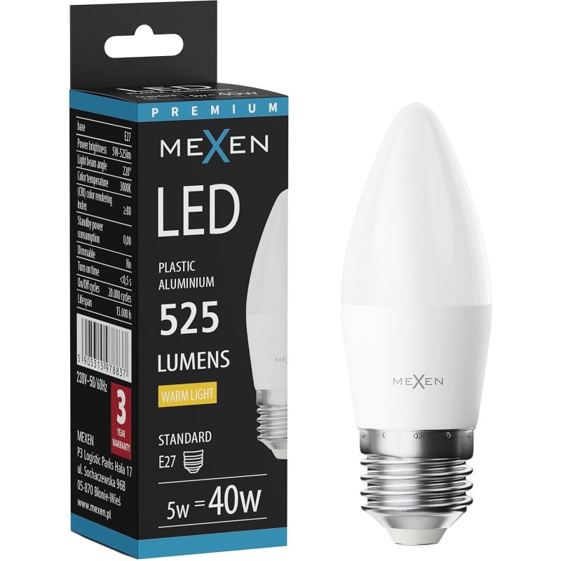 Mexen Nova LED žiarovka E27, C37, 5W, Teplá - 3000K, 525 lm - L102-E27-0530-01