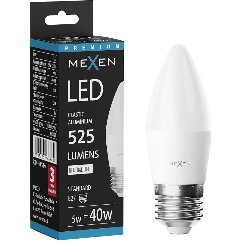 Mexen Nova LED žiarovka E27, C37, 5W, Neutrálna - 4000K, 525 lm - L102-E27-0540-01