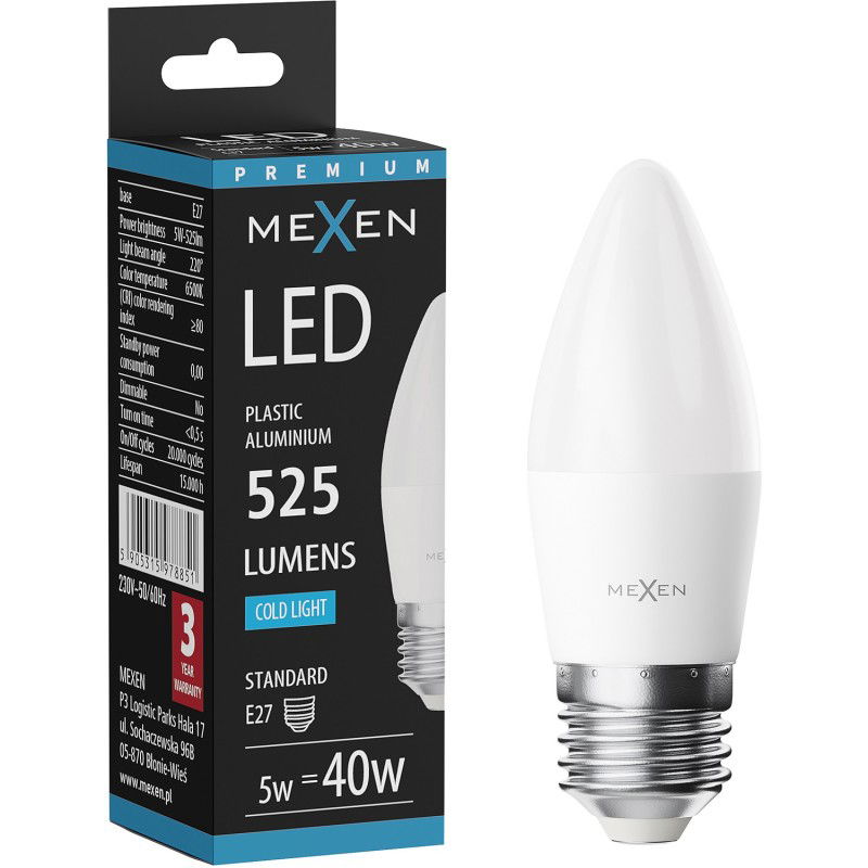 Mexen Nova LED žiarovka E27, C37, 5W, Studená - 6500K, 525 lm - L102-E27-0565-01