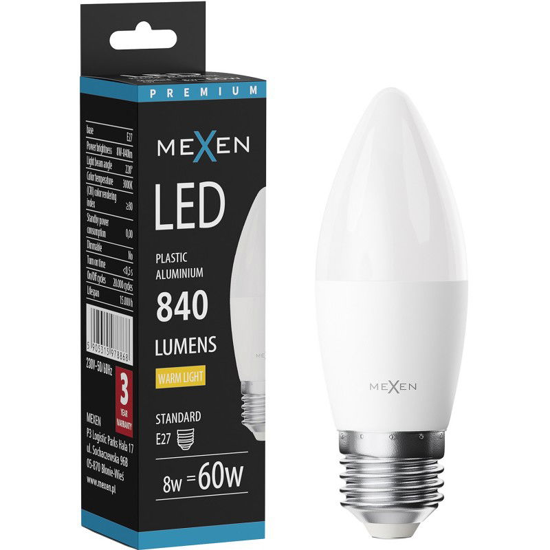 Mexen Nova LED žiarovka E27, C37, 8W, Teplá - 3000K, 840 lm - L102-E27-0830-01