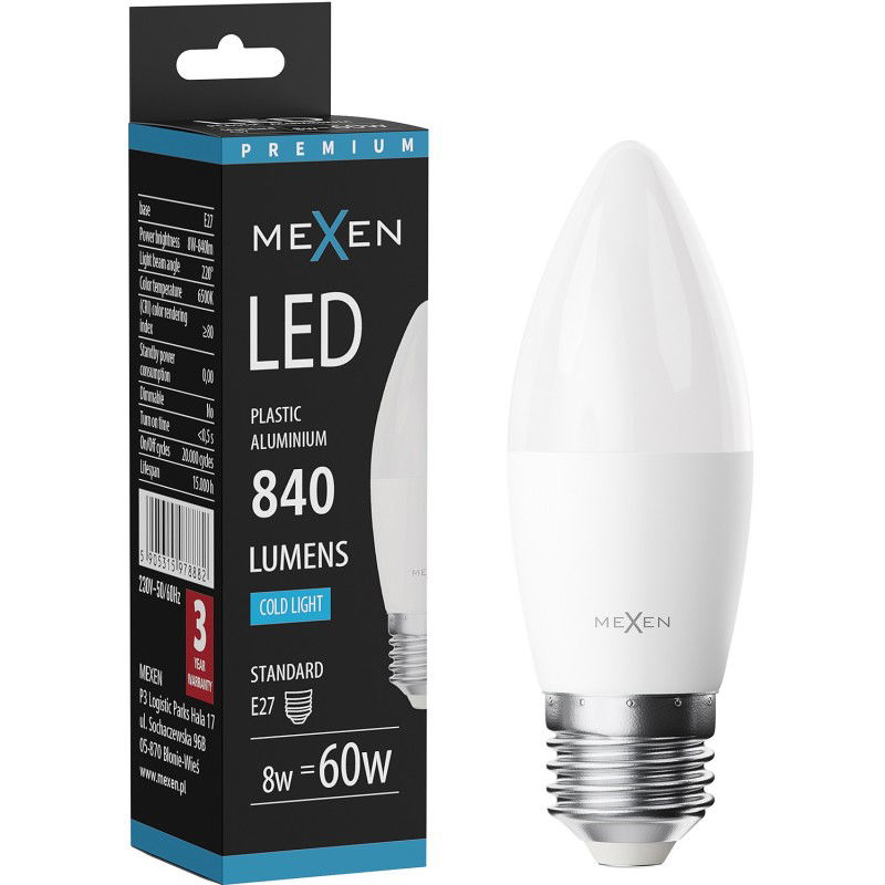 Mexen Nova LED žiarovka E27, C37, 8W, Studená - 6500K, 840 lm - L102-E27-0865-01