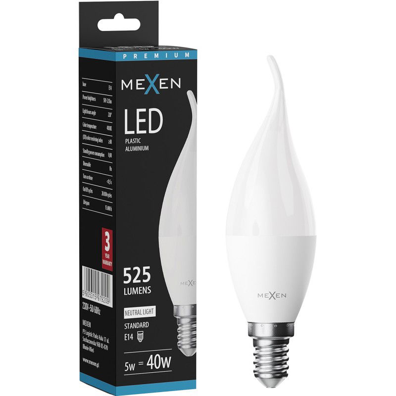 Mexen Nova LED žiarovka plameň E14, C37, 5W, Neutrálna - 4000K, 525 lm - L106-E14-0540-01