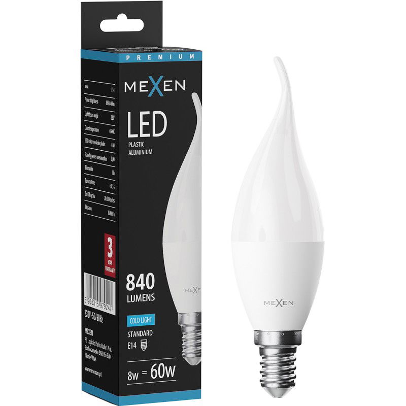 Mexen Nova LED žiarovka plameň E14, C37, 8W, Studená - 6500K, 840 lm - L106-E14-0865-01