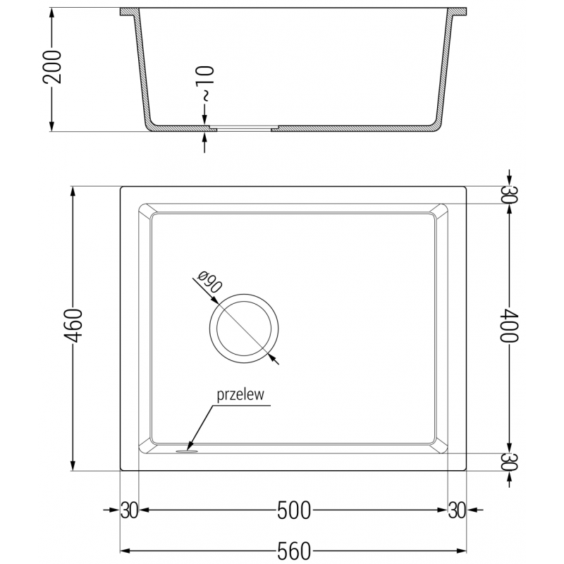 Mexen Pedro granitový drez 1-komorový 560 x 460 mm, čierny/zlatý metalický, zlatý sifón - 6508561000-75-G