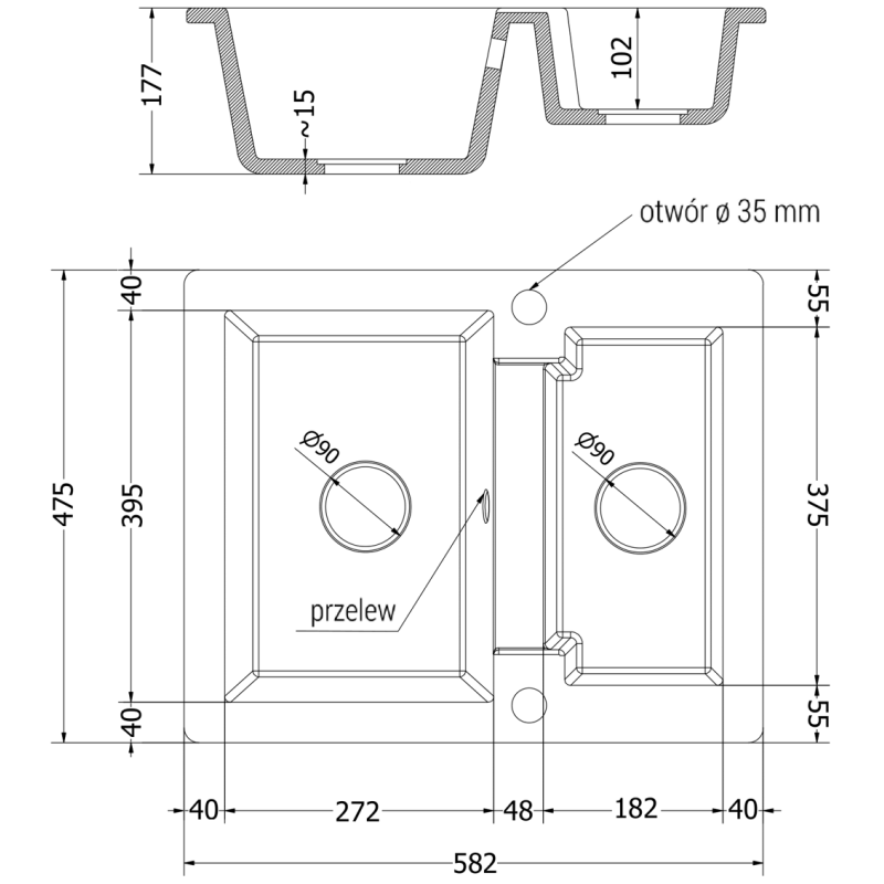 Mexen Carlos granitový drez 1,5-komorový 582 x 475 mm, čierny bodkovaný, chróm sifón - 6518581500-76