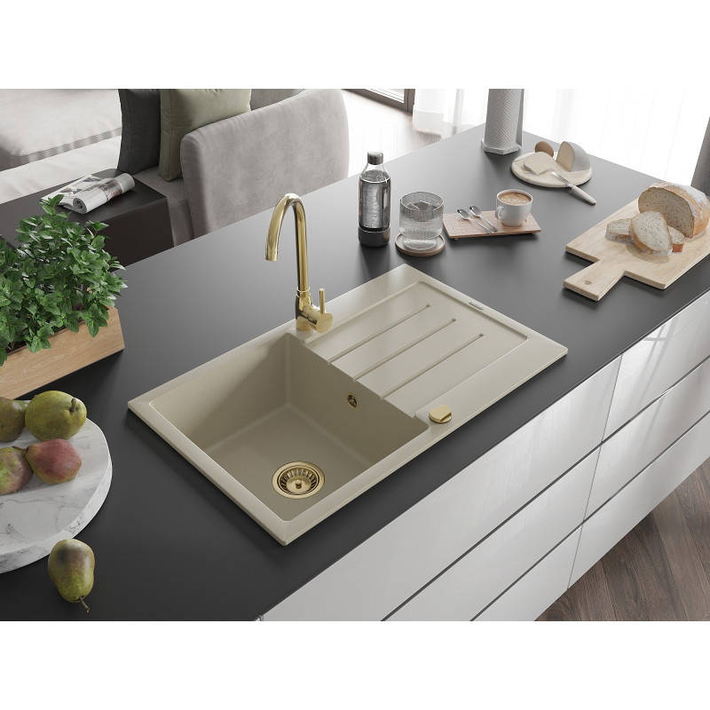 Mexen Bruno granitový drez s 1 komorou s odkvapkávačom 795 x 495 mm, béžový, sifón zlatý - 6513791010-69-G