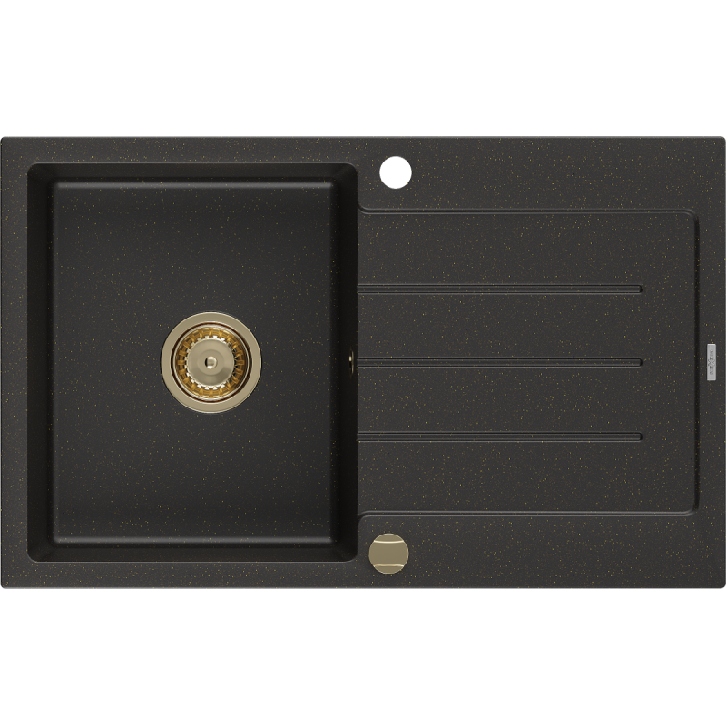Mexen Bruno granitový drez 1-komorový s odkvapkávačom 795 x 495 mm, čierny/zlatý metalický, sifón zlatý