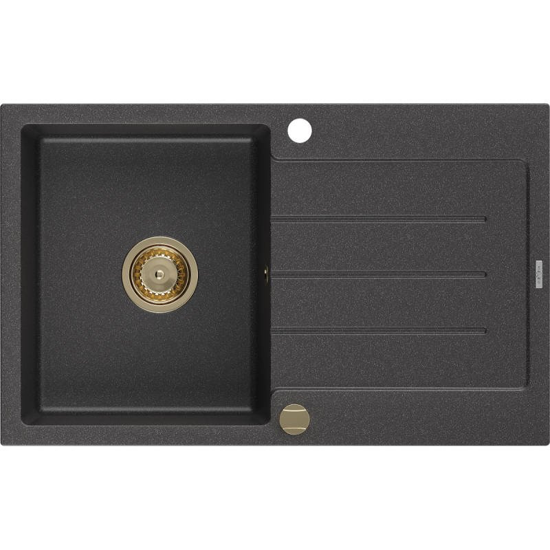 Mexen Bruno granitový drez s 1 komorou a odkvapkávačom 795 x 495 mm, čierny škvrnitý, zlatý sifón - 6513791010-76-G
